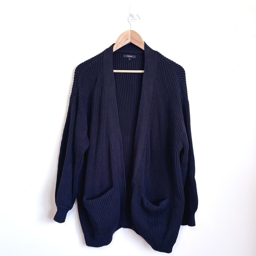 Quince Womens 100% Organic Cotton Oversized Cardigan Sweater Large Black Chunky